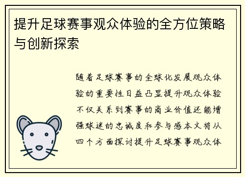 提升足球赛事观众体验的全方位策略与创新探索