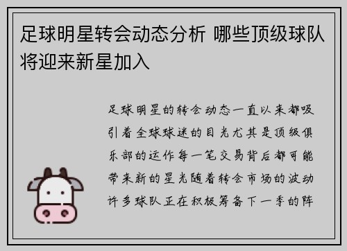 足球明星转会动态分析 哪些顶级球队将迎来新星加入