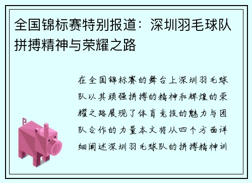 全国锦标赛特别报道：深圳羽毛球队拼搏精神与荣耀之路
